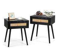 COSTWAY Table de Chevet Bois, Table de Nuit en Rotin avec Tiroir, 4 Pieds en Pin, Chevet de Lit Cannage pour Chambre, Salon, Style Bohème, 48 x 40 x 58 cm (2,Noir)
