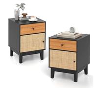 COSTWAY Table de Chevet Bois, Table de Nuit Rotin avec Tiroir, Petite Armoire à Porte Cannage, Chevet de Lit Bohème, Pieds en Bois Massif pour Salon, Chambre, Noir (2)