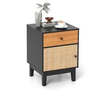 COSTWAY Table de Chevet Bois, Table de Nuit Rotin avec Tiroir, Petite Armoire à Porte Cannage, Chevet de Lit Bohème, Pieds en Bois Massif pour Salon, Chambre, Noir (1)
