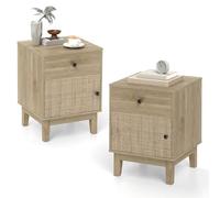 COSTWAY Table de Chevet Bois, Table de Nuit Rotin avec Tiroir, Petite Armoire à Porte Cannage, Chevet de Lit Bohème, Pieds en Bois Massif pour Salon, Chambre, Noir (2,Naturel)