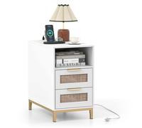 COSTWAY Table de Chevet en Rotin avec Prise, Chevet de Lit Étroite avec Tiroirs, Design Cannage Bohème, Étagère Ouverte, Pieds en Métal, pour Chambre, Salon (1,Blanc)
