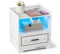 COSTWAY Table de Chevet LED avec 2 Ports Charge et Tiroir, Table de Nuit Lumineuse 3 Couleurs Réglables avec Compartiment, Capteur Intelligent, 45 x 40 x 50 cm (1, Blanc)