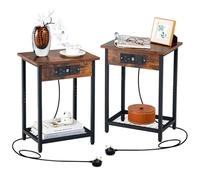 COSTWAY Table de Chevet Lot de 2 avec Station de Recharge, Table d'Appoint avec Étagère de Rangement, Cadre en Métal Robuste, Style Industriel, Bout de Canapé pour Chambre, Salon, Marron Rustique