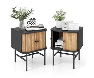 COSTWAY Table de Chevet Lot de 2, Bout de Canapé avec Portes Coulissantes, Pieds en Métal, Design Latte Milieu du Siècle, Poignée Ronde