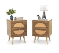 COSTWAY Table de Chevet Lot de 2, Table de Nuit Bois 2 Tiroirs, Design Rotin Cannage, Pieds en Bois Massif, Chevet Lit Bohème pour Chambre, Salon, 40 x 40 x 56 cm