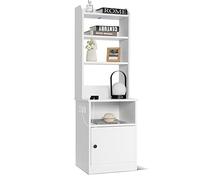 COSTWAY Table de Chevet Station de Charge, Table de Nuit avec 5 Étagères et Armoire, 2 Prises & 2 Ports USB, Bibliothèque Meuble de Rangement pour Chambre, Salon, Bureau