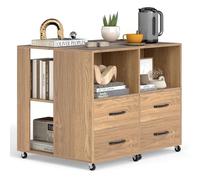 COSTWAY Table de Chevet, Table de Nuit avec roulettes, 2 Tiroirs, Étagères de Rangement, Station de Recharge Intégrée, Commode Chambre pour Chambre à Coucher, Salon, Bureau (2,Naturel)