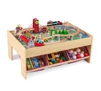 COSTWAY Table de Circuit 92 Accessoires Multifonctionnelle pour Enfants avec 2 Plateaux Réversibles, 3 Tiroirs en Tissu 92 x 64 x