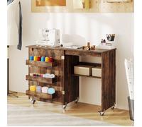 COSTWAY Table de Couture Pliable à Roulettes - 3 Bacs pour Bobines avec Étagère de Rangement, Porte Magnétique pour Studio Marron