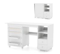COSTWAY Table de Couture Pliante, 146 x 50 x 78 cm, Blanc | Meuble Couture à Roulettes, avec Station de Charge, 2 Compartiments, 2 Tiroirs, Étagère Ouverte, Meuble Machine à Coudre