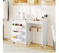 COSTWAY Table de Couture Pliante - 3 Bacs et 1 Etagère de Rangement - Roulettes Verrouillables pour Salon, Bureau, Studio Blanc