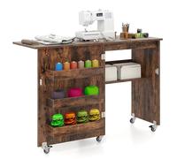 COSTWAY Table de Couture Pliante à roulettes, Armoire pour Machine à Coudre Roulante avec Étagère de Rangement, 3 Bacs Cachés, Meuble Couture pour Salon, Bureau, Studio (Marron Rustique)