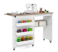 COSTWAY Table de Couture Pliante à roulettes, Armoire pour Machine à Coudre Roulante avec Étagère de Rangement, 3 Bacs Cachés, Meuble Couture pour Salon, Bureau, Studio (Blanc+Naturel)