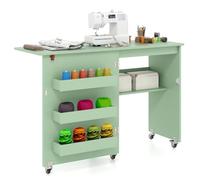 COSTWAY Table de Couture Pliante à roulettes, Armoire pour Machine à Coudre Roulante avec Étagère de Rangement, 3 Bacs Cachés, Meuble Couture pour Salon, Bureau, Studio (Vert)