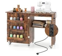 COSTWAY Table de Couture Pliante à roulettes, Armoire pour Machine à Coudre Roulante avec Étagère de Rangement, 3 Bacs Cachés, Meuble Couture pour Salon, Bureau, Studio (Naturel)