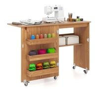 COSTWAY Table de Couture Pliante à roulettes, Armoire pour Machine à Coudre Roulante avec Étagère de Rangement, 3 Bacs Cachés, Meuble Couture pour Salon, Bureau, Studio (Naturel)