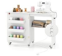 COSTWAY Table de Couture Pliante à roulettes avec Multiprise, Armoire pour Machine à Coudre avec Étagère de Rangement, 3 Bacs Cachés, Meuble Couture pour Salon, Bureau, Studio (Brun)