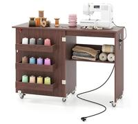 COSTWAY Table de Couture Pliante à roulettes avec Multiprise, Armoire pour Machine à Coudre avec Étagère de Rangement, 3 Bacs Cachés, Meuble Couture pour Salon, Bureau, Studio (Brun)