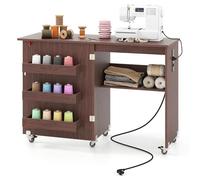 Costway Table De Couture Pliante Avec Multiprise -3 Bacs Et 1 Etagère De Rangement Pour Bobines - Salon, Bureau, Studio Brun
