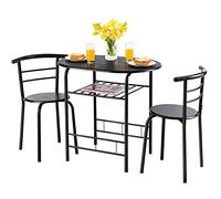 COSTWAY Table de Cuisine avec Chaise pour 2 Personnes, Petit Espace avec Porte-Bouteilles, Cadre en Métal, Table à Manger Ronde pour Bistro, Jardin, Balcon(Noir)
