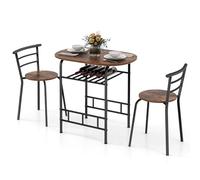 COSTWAY Table de Cuisine avec Chaise pour 2 Personnes, Table Cuisine Petit Espace avec Porte-Bouteilles, Table à Manger Ronde Cadre en Métal pour Bistro, Jardin, Balcon (Marron Rustique)