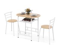 COSTWAY Table de Cuisine avec Chaise pour 2 Personnes, Table Cuisine Petit Espace avec Porte-Bouteilles, Table à Manger Ronde Cadre en Métal pour Bistro, Jardin, Balcon (Naturel)