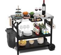 COSTWAY Table de grill avec 3 étagères, chariot de grill avec étagère réglable, support de téléphone, étagère à épices, porte-serviettes, porte-mouchoirs & crochets, chariot de service extérieur Table