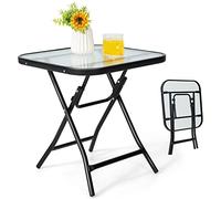 COSTWAY Table de Jardin Bistro Pliante, avec Plateau en Verre Trempé, Cadre en Acier, 46,5x46,5x42cm, pour Intérieur et Extérieur Patio Balcon Terrasse, Charge 25 kg