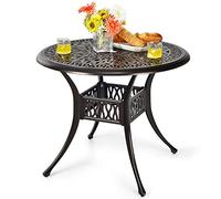 COSTWAY Table de Jardin Ronde 91 CM en Aluminium Moulé, Table d'Appoint d’Extérieur avec Trou pour Parasol 5 cm, Résistante aux Intempéries avec Pieds Réglables, pour Patio Piscine