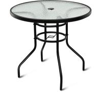 COSTWAY Table de Jardin Ronde en Verre Trempé avec Trou de Parasol, Plateau ø 80 CM, pour Bistro Patio Terrasse, Noir