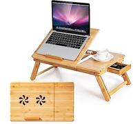COSTWAY Table de Lit Pliable 53 x 33 cm, Plateau de Lit en Bambou avec Pieds Réglables et Plateau Inclinable, Support d'Ordinateur Portable avec Tiroir et Trous d'Aération (Naturel)