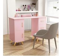 COSTWAY Table de Manucure - 3 Tiroirs et 2 Armoire, Coussin de Poignet Amovible 108x45x76 CM Idéal pour Studio d’Onglerie Rose,Doré
