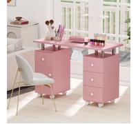 COSTWAY Table de Manucure Mobile avec Aspirateur - 3 Sacs à Poussière, Repose-Poignet, 4 Tiroirs 8 Roulettes Verrouillables Rose