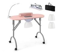 COSTWAY Table de Manucure Pliante avec Collecteur de Poussière Électrique, Bureau d’Esthéticienne avec Lampe LED Coussin pour Poignet Sac de Transport 4 Roues Verrouillables (Rose,90 x 43 x 73 cm)