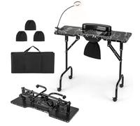 COSTWAY Table de Manucure Pliante avec Collecteur de Poussière (Noir) | Bureau d’Esthéticienne avec Lampe LED, Coussin pour Poignet, Sac de Transport et 4 Roues Verrouillables,90 x 40 x 77 cm
