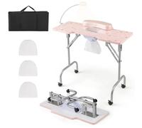 COSTWAY Table de manucure Pliante, Table à Ongles avec collecteur de poussière électrique, Lampe LED, Repose-Poignet et Roues, Table de manucure Aspect marbre, avec Sac de Transport (Rose)