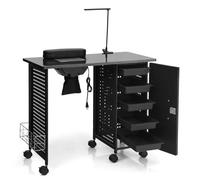 COSTWAY Table de Manucure Professionnelle avec 5 Tiroirs Amovibles 6 Roues, Bureau d’Esthéticienne Ongles Ventilée avec Lampe Casier Réglable, Station de Travail 90 x 43 x 74 cm, Noir