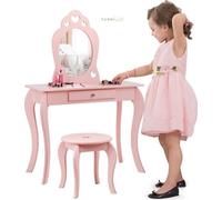 COSTWAY Table de maquillage pour enfants avec tabouret et miroir amovible, table de maquillage pour filles en bois, table pour enfants avec tiroir, table miroir 70 x 34 x 105 cm