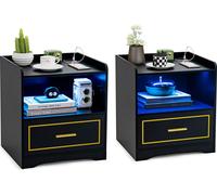 COSTWAY Table de nuit 2 places avec LED, port USB, station de chargement de type C, capteur de mouvement, noir