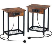 COSTWAY Table de nuit 2 places, table d'appoint à 2 niveaux avec 2 stations de recharge, 2 prises USB, tablette marron