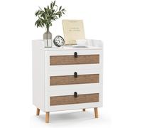 COSTWAY Table de nuit avec 3 tiroirs, table d'appoint moderne, table de nuit avec pieds en bois massif pour les petites pièces, table de nuit style boho 60 x 40 x 75 cm, blanc