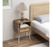 COSTWAY Table de Nuit en Rotin, Table de Chevet Bois avec Tiroir, 4 Pieds en Pin, Design Cannage, Compartiment Ouvert, Style Bohème, Table d'Appoint Scandinave pour Salon, Chambre