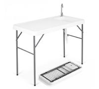 COSTWAY Table de Pêche Pliante avec Évier et Structure Métallique | Table de Camping Portable pour Nettoyage du Poisson avec Tuyau de Drainage et Robinet pour Pique-Niques et Camping