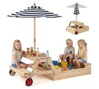 COSTWAY Table de Pique-Nique Enfant avec Parasol Amovible et Bac à Sable | Salon de Jardin en Sapin avec 2 Bancs et Plateau Amovible, 2 Boîtes pour Sable & Eau, Table Extérieur Enfant pour 3-5 Ans
