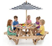 COSTWAY Table de Pique-Nique Enfant avec Parasol Amovible pour 6 Enfants | Salon de Jardin en Bois Hexagone, Table Extérieur pour Jardin Terrasse Patio, Jusqu'à 75 KG, 3-8 Ans