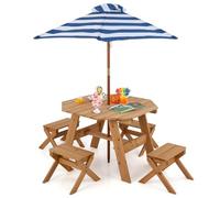 COSTWAY Table de Pique-Nique Enfant avec Parasol Amovible & Réglable, Table de Jardin Extérieur Octogonale avec 4 Tabourets, Charge 100kg pour 4 Enfants de 3 Ans+ pour Jardin Terrasse (Naturel)