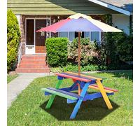 COSTWAY Table de Pique-Nique Enfants avec Parasol Amovible, Table de Jardin Extérieur avec Chaise en Bois, Table d’Activités pour Jardin Terrasse Patio,71x79x140cm