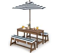 COSTWAY Table de pique-nique pour enfants avec bancs, coussins et parasol, ensemble de sièges en bois pour enfants, meubles de jardin pour petits enfants, ensemble de sièges pour enfants, pour jardin,
