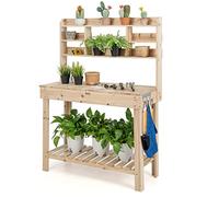 COSTWAY Table de Rempotage en Bois de Sapin avec Niveaux d'Étagères, Table de Jardinage avec 3 Crochets et Table Ouvrable 108 x 50 cm Charge 150 kg, pour Serre de Jardin de Terrasse