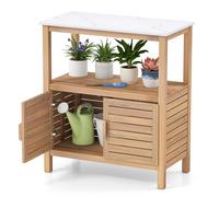 COSTWAY Table de Rempotage Extérieure, Banc de Travail de Jardin en Bois d'Acacia avec Plateau en Résine, Étagère de Rangement Armoire à Portes à Persiennes pour Jardin Patio, Naturel